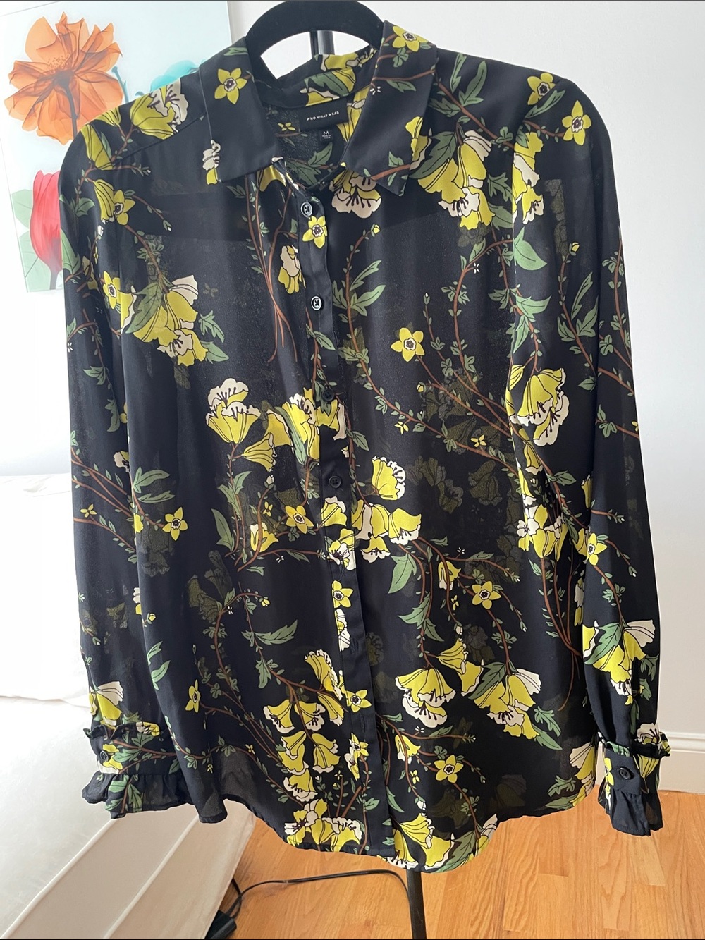 Who What Wear Black Button-Up Blouse with Yellow Floral Print